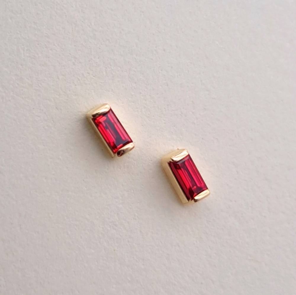 Ruby Baguette Stud Earrings In Solid 14k Yellow G… - image 2